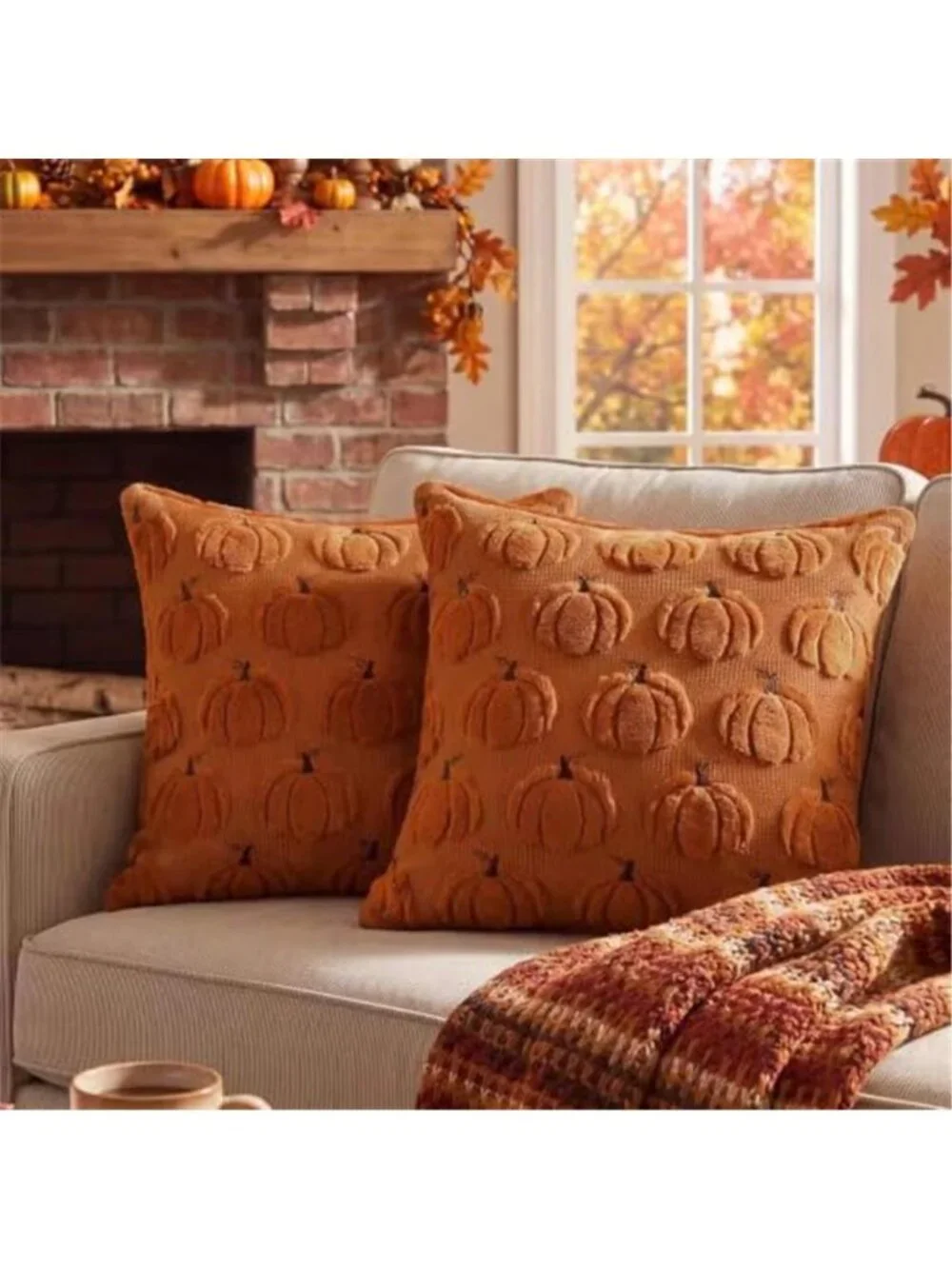 Fall Throw Pillow Covers 18x18 Set of 2 Rust Orange Pumpkin Decor